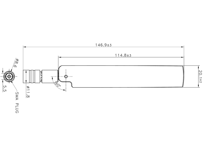 Technische Zeichnung der Delock LTE Antenne mit SMA- Stecker und Kippgelenk in schwarz
