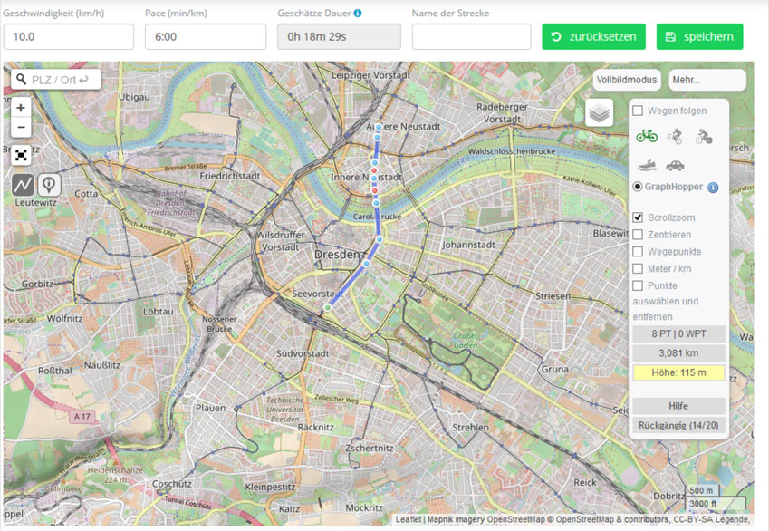 Screenshot: Webbasierte Anwendung zur Erstellung von Fahrtrajektorien