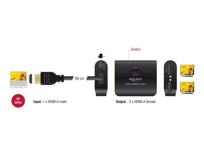 Delock HDMI Splitter 1 x HDMI in zu 2 x HDMI out 4K 60 Hz mit Downscaler #4 