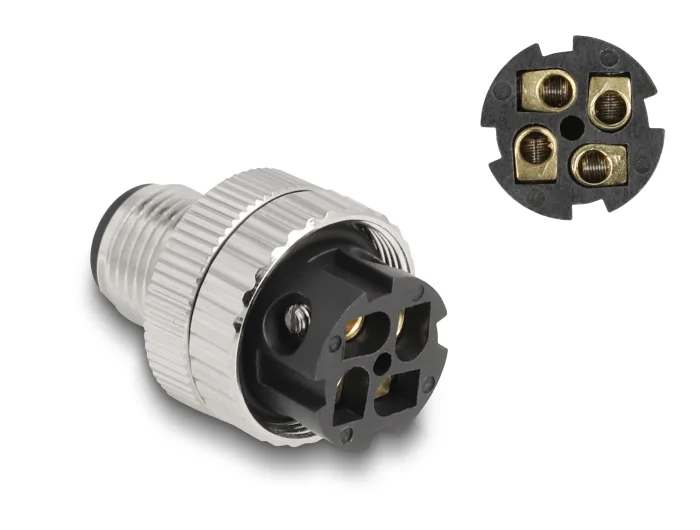 Delock M12 Steckverbinder A-kodiert 4 Pin Stecker zur Montage mit Schraubanschluss 90° gewinkelt Metall #3 