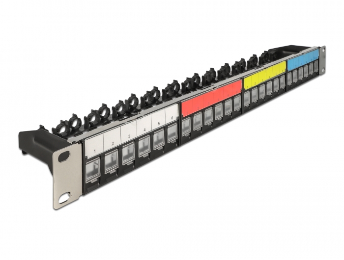 Delock 19″ Keystone Patchpanel 24 Port mit Kabelbefestigungsschiene, Beschriftungsfeld und Staubschutz 1 HE schwarz #1 