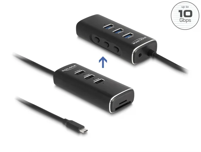 Delock 3 Port USB 10 Gbps Hub inklusive SD und Micro SD Card Reader mit USB Type-C™ Anschluss 60 cm Kabel und Schalter für jeden Port #1 