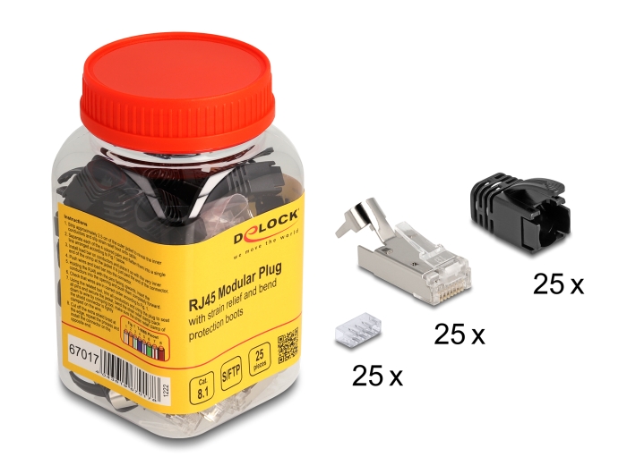 Delock RJ45 Modularer Stecker mit Zugentlastung Cat.8.1 und Knickschutztülle 25er Set #1 