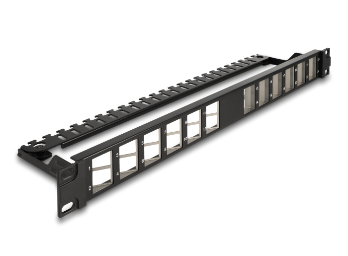 Delock 19″ Keystone Patchpanel 24 Port gewinkelt mit Entlastungsschiene schwarz #1 