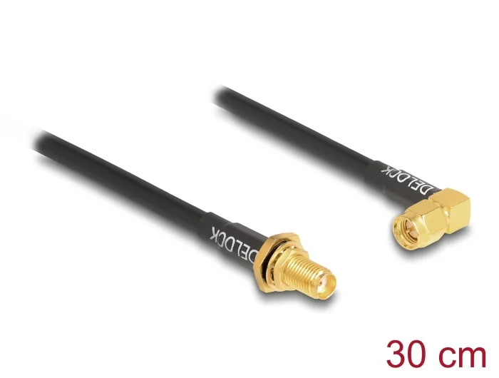 Delock Antennenkabel SMA Buchse zum Einbau spritzwassergeschützt zu SMA Stecker 90° RG-58 30 cm #1 