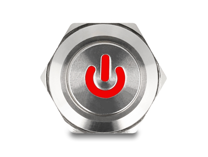 Delock Drucktaster zum Einbau 12 mm 4 x Lötanschluss LED rot Powersymbol #3 