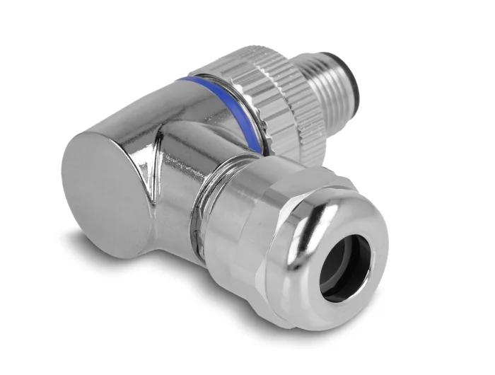 Delock M12 Steckverbinder A-kodiert 4 Pin Stecker zur Montage mit Schraubanschluss 90° gewinkelt Metall #2 