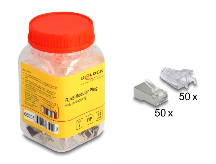 Delock RJ45 Modularer Stecker mit vorderer Öffnung (easy connect) Cat.6 und Knickschutztülle 50er Set #1 