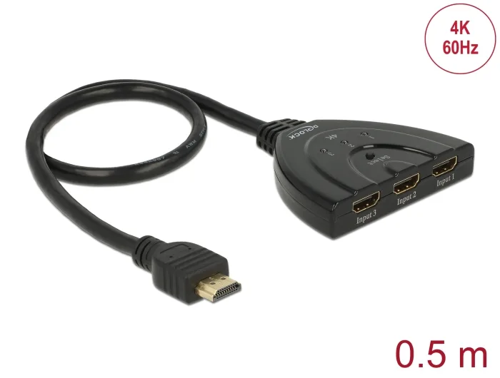 Delock HDMI UHD Switch 3 x HDMI in > 1 x HDMI out 4K 60 Hz mit integriertem Kabel 50 cm #1 