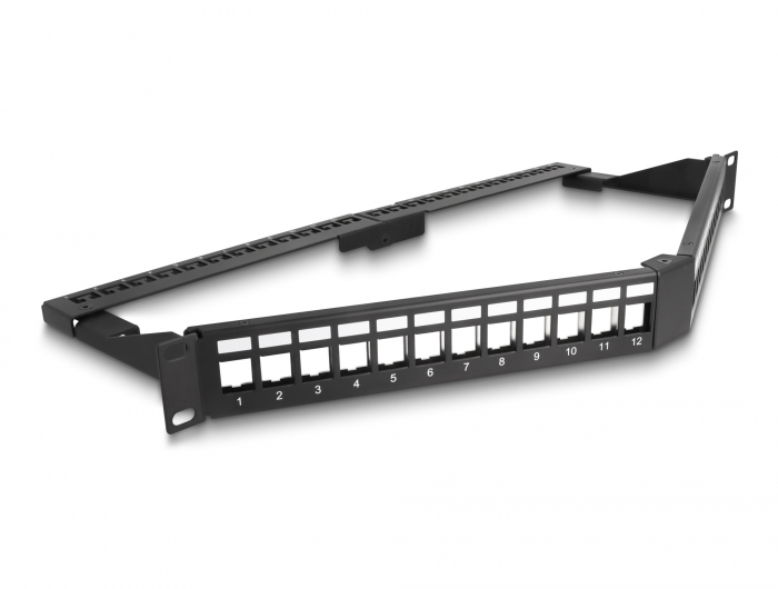 Delock 19″ Keystone Patchpanel 24 Port mit Entlastungsschiene 1 HE gewinkelt schwarz #1 