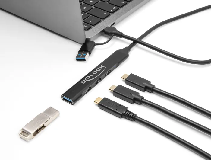 Delock 4 Port Slim USB Hub mit USB Type-C™ oder USB Typ-A zu 3 x USB 5 Gbps USB Type-C™ + 1 x USB 5 Gbps Typ-A #2 