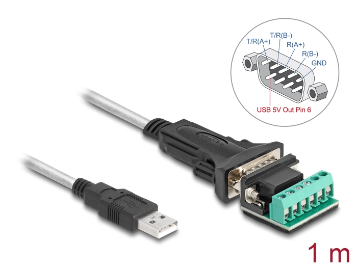 Delock Adapter USB 2.0 Typ-A zu 1 x Seriell RS-422/485 Stecker mit 6 Pin Terminalblock 5 V 1 m #1 