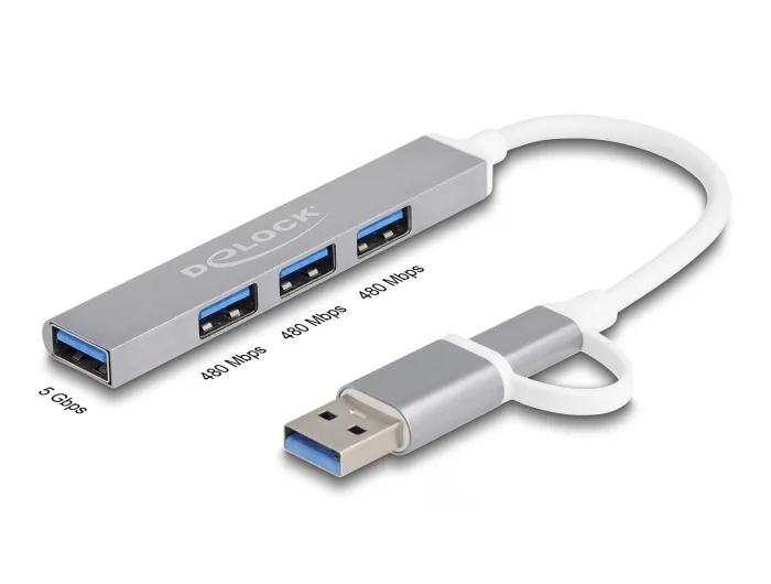 Delock 4 Port Slim USB Hub mit USB Type-C™ oder USB Typ-A zu 3 x USB 2.0 Typ-A Buchse + 1 x USB 5 Gbps Typ-A Buchse #1 