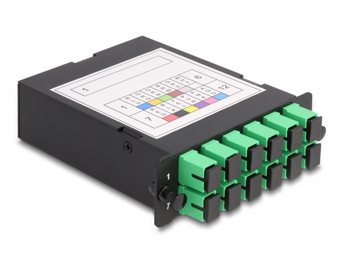 Delock LWL HD (High Density) Kassette MPO Stecker zu 12 x SC Simplex Buchse, 12 Fasern, Singlemode, Polarität A, 9/125 µm #1 