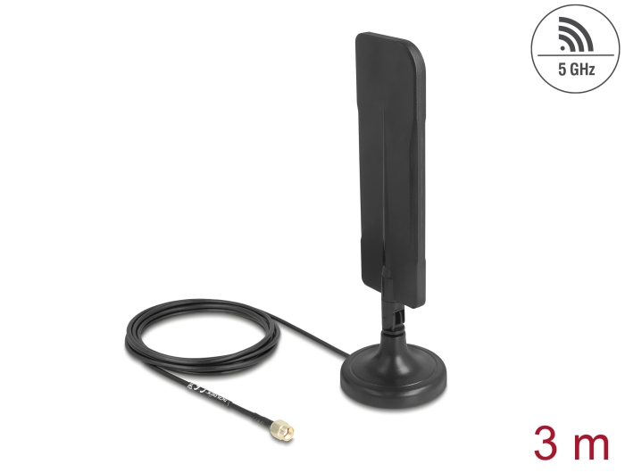 Delock WiFi 5,8 GHz Antenne RP-SMA Stecker 3 dBi omnidirektional mit Anschlusskabel RG-174 3 m mit Kippgelenk mit magnetischem Standfuß schwarz #1 