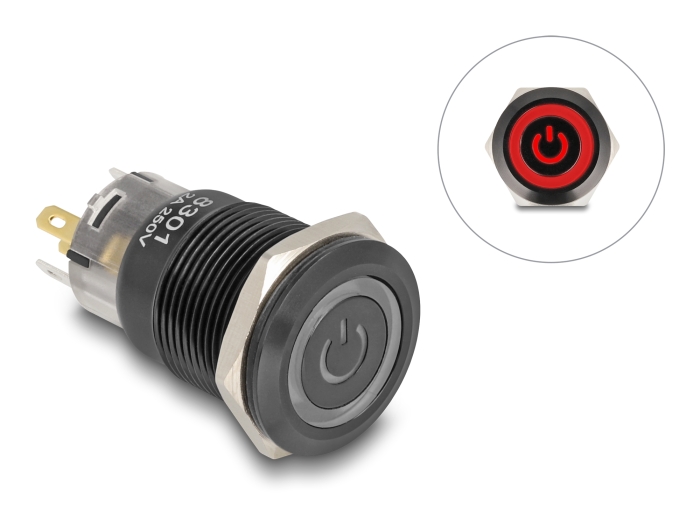 Delock Druckschalter zum Einbau schwarz 19 mm 12 V 5 x Lötanschluss LED rot Powersymbol + Ring #1 