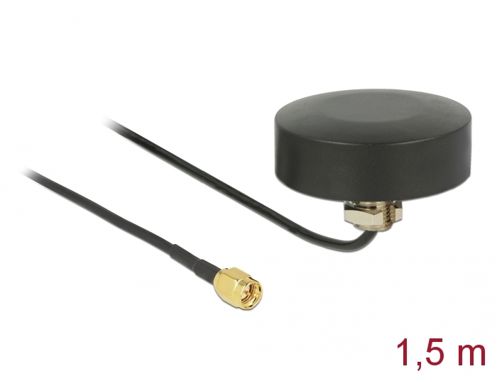 Delock WLAN 802.11 b/g/n Antenne RP-SMA Stecker 3 dBi starr omnidirektional mit Anschlusskabel RG-174 1,5 m outdoor schwarz
