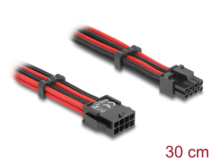 Delock Verlängerungskabel 8 Pin Stecker zu 6 + 2 Pin PCIe Buchse Textilummantelung rot-schwarz 30 cm #1 
