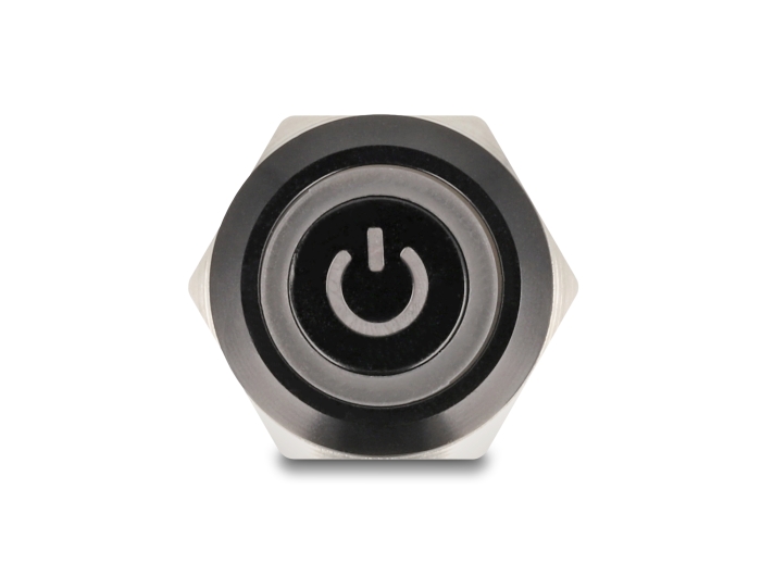 Delock Druckschalter zum Einbau schwarz 19 mm 12 V 5 x Lötanschluss LED rot Powersymbol + Ring #3 