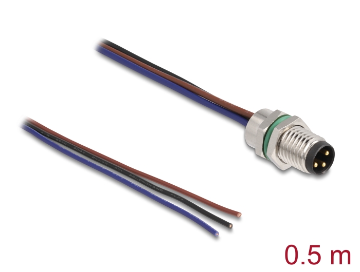Delock M8 Einbaukabel A-kodiert 3 Pin Stecker für Panel mit offenen Kabeln Front Montage 0,5 m #1 