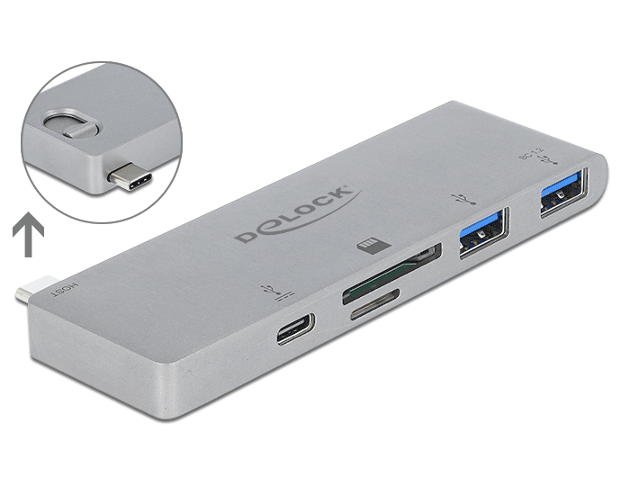 Delock 3 Port Hub und 2 Slot Card Reader für MacBook mit PD 3.0 und einschiebbarem USB Type-C™ Anschluss #1 