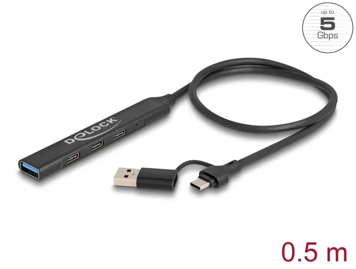 Delock 4 Port Slim USB Hub mit USB Type-C™ oder USB Typ-A zu 3 x USB 5 Gbps USB Type-C™ + 1 x USB 5 Gbps Typ-A #1 