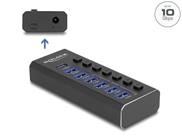 Delock 7 Port USB Hub mit 3 Ports 10 Gbps und 4 Schnellladeports 5 Gbps mit Schalter und Beleuchtung #1 