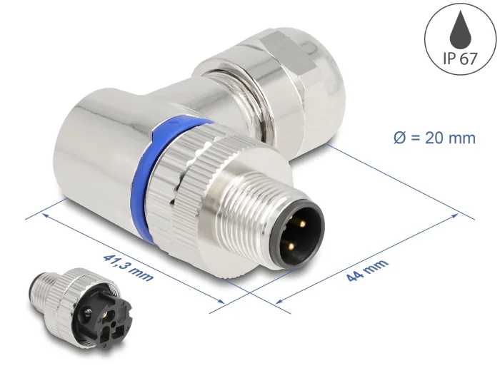 Delock M12 Steckverbinder A-kodiert 3 Pin Stecker zur Montage mit Schraubanschluss 90° gewinkelt Metall #1 