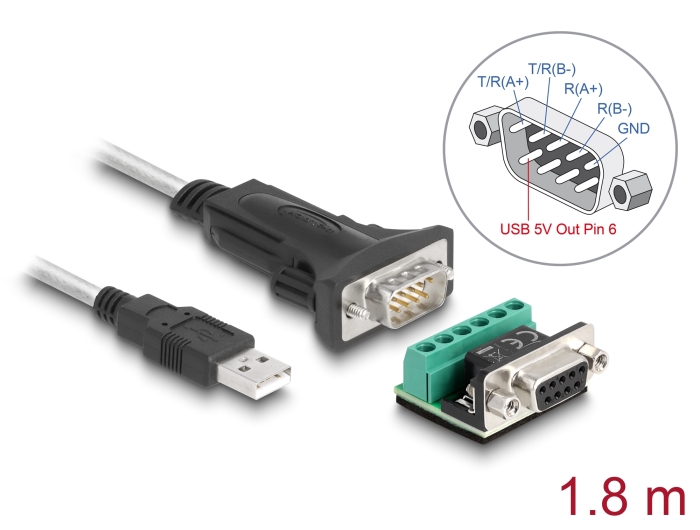 Delock Adapter USB 2.0 Typ-A zu 1 x Seriell RS-422/485 Stecker mit 6 Pin Terminalblock Adapter 5 V 1,8 m #1 