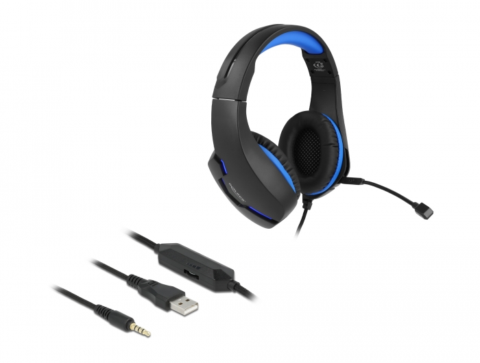Delock Gaming Headset Over-Ear mit 3,5 mm Klinkenstecker und blauem LED Licht für PC, Notebook und Spielekonsolen #1 