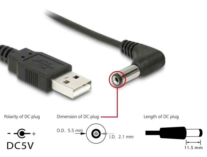 Delock Kabel USB Power > DC 5,5 x 2,1 mm Stecker 90° 1,5 m #6 
