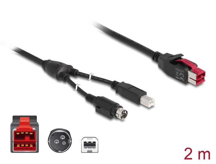 Delock PoweredUSB Kabel Stecker 24 V > USB Typ-B Stecker + Hosiden Mini-DIN 3 Pin Stecker 2 m für POS Drucker und Terminals #1 