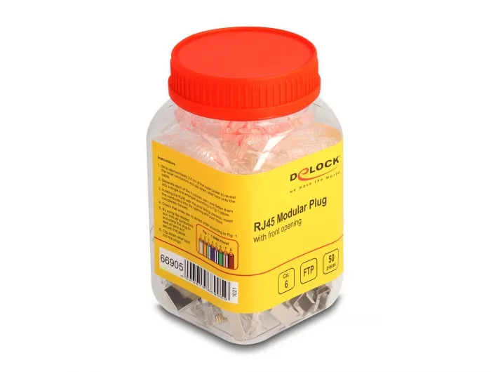 Delock RJ45 Modularer Stecker mit vorderer Öffnung (easy connect) Cat.6 und Knickschutztülle 50er Set #2 