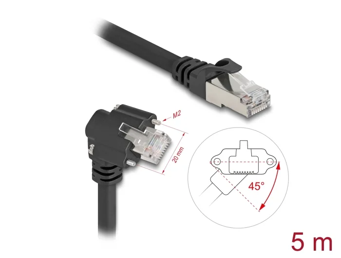 Delock GigE Kamera Kabel RJ45 Stecker 45° gedreht und 90° gewinkelt mit Schrauben zu RJ45 Stecker Cat.6 S/FTP 5 m schwarz #1 