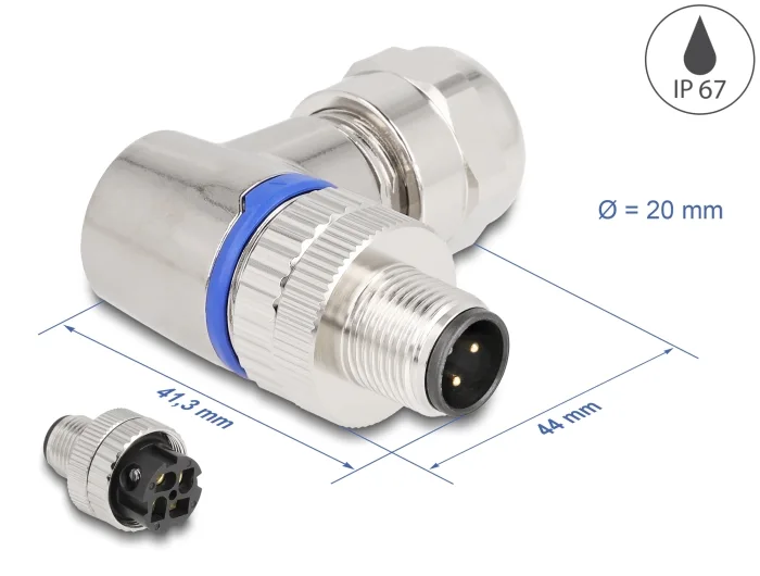 Delock M12 Steckverbinder A-kodiert 4 Pin Stecker zur Montage mit Schraubanschluss 90° gewinkelt Metall #1 