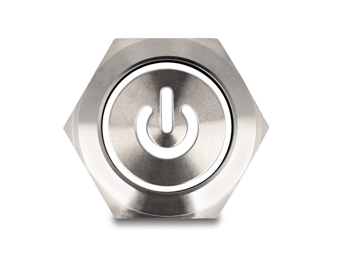 Delock Drucktaster zum Einbau 22 mm 6 x Lötanschluss LED weiß Powersymbol + Ring #3 