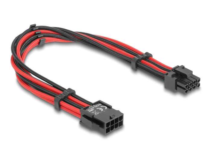 Delock Verlängerungskabel 8 Pin Stecker zu 6 + 2 Pin PCIe Buchse Textilummantelung rot-schwarz 30 cm #2 