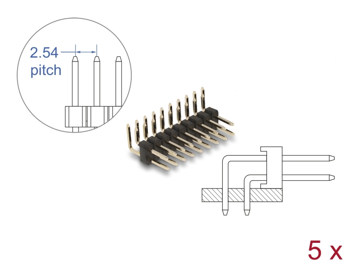 Delock Stiftleiste 10 Pin, Rastermaß 2,54 mm, 2-reihig, gewinkelt, 5 Stück #1 