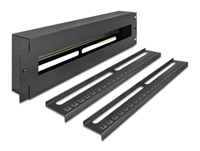 Delock 19″ Schutzschalterleiste mit Abdeckung und Hutschiene inklusive 2 x Kabelzugentlastungsschiene 3 HE Metall schwarz #1 