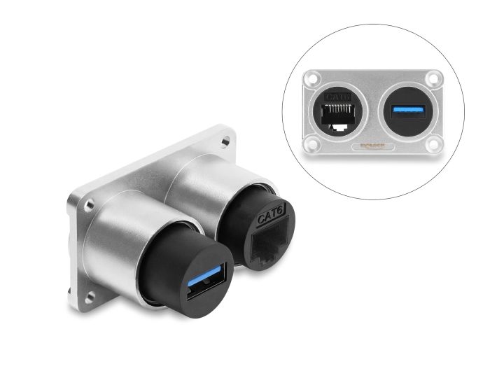 Delock Dual Einbaubuchse USB 5 Gbps Typ-A Buchse + RJ45 Buchse Cat.6 silber